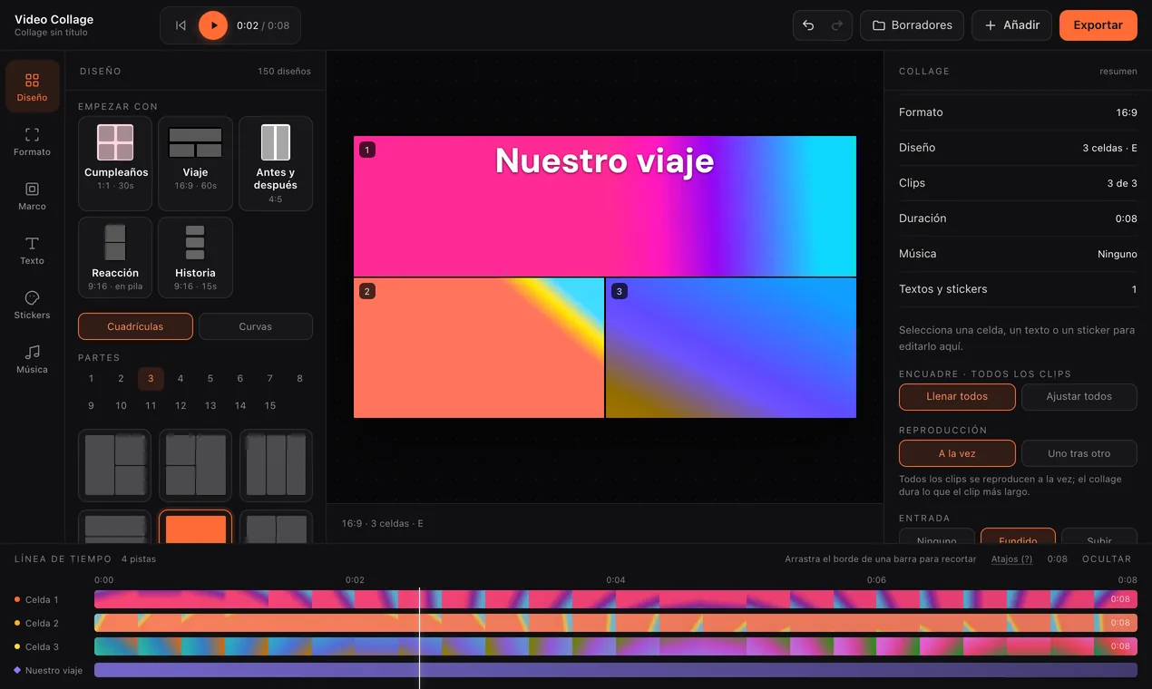 La pestaña Diseño: plantillas arriba y cuadrículas debajo, con un collage 16:9 de tres clips