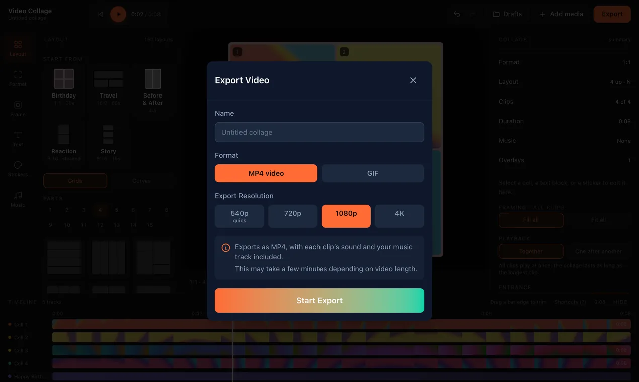 The Export dialog: a name, MP4 or GIF, and resolutions from 540p to 4K