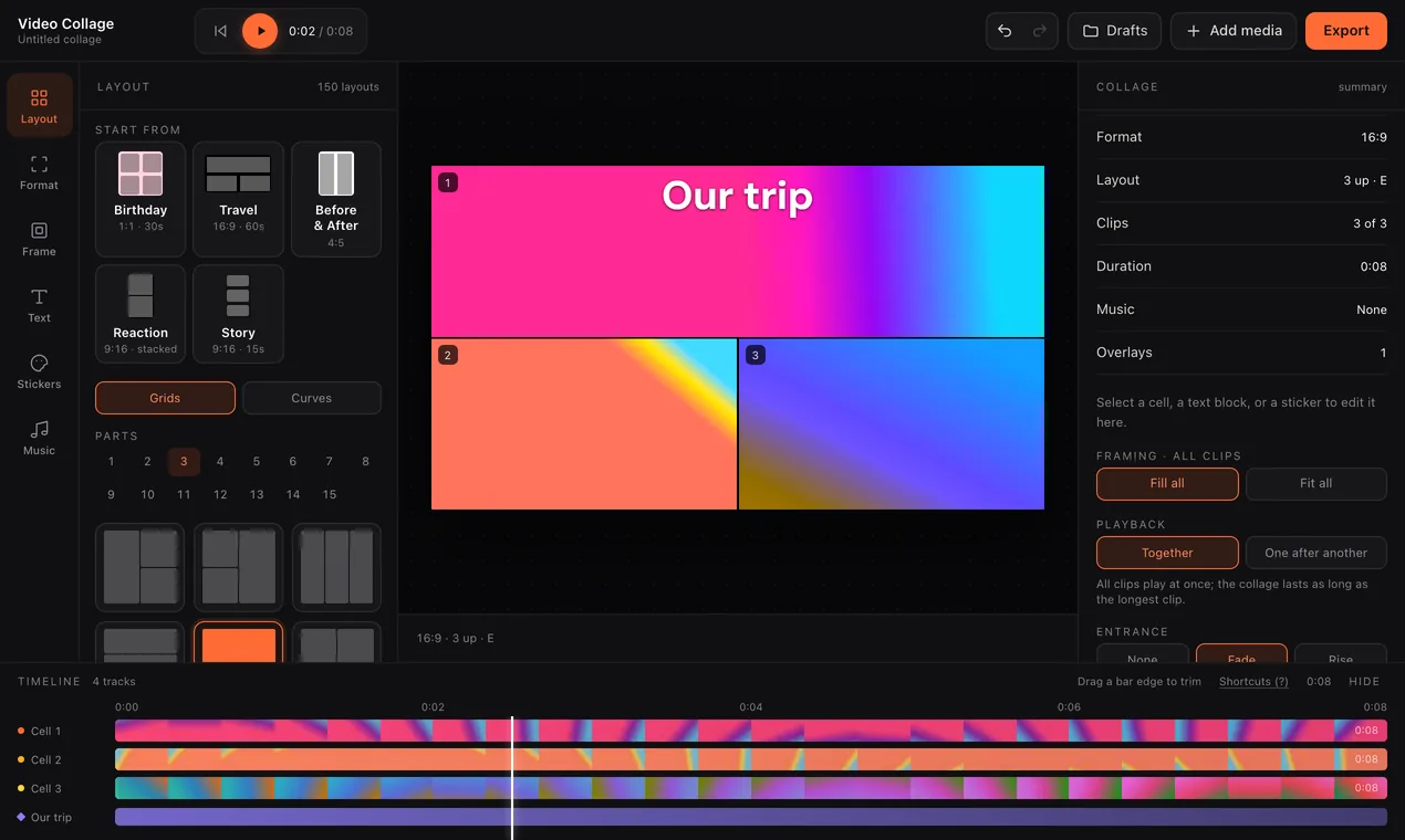 The Layout tab: starter templates above a grid of layouts, with a three-clip 16:9 collage on the canvas