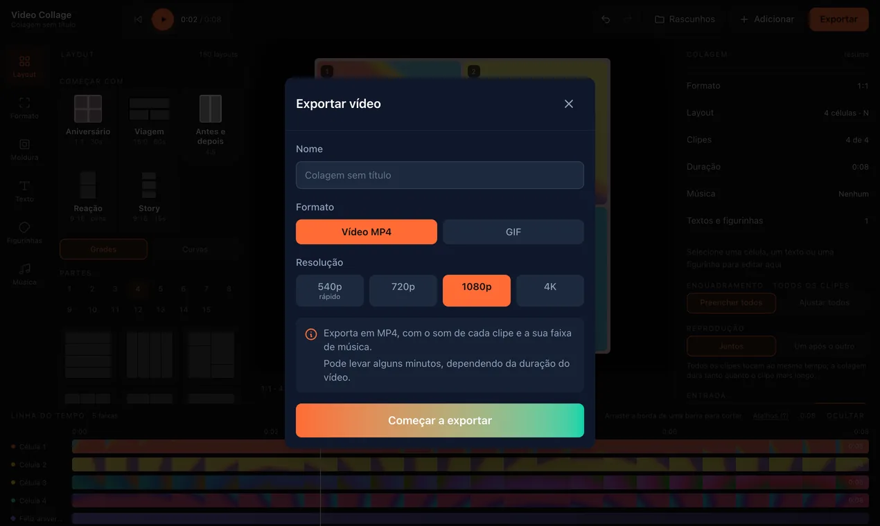 A janela Exportar vídeo: nome, MP4 ou GIF e resoluções de 540p a 4K